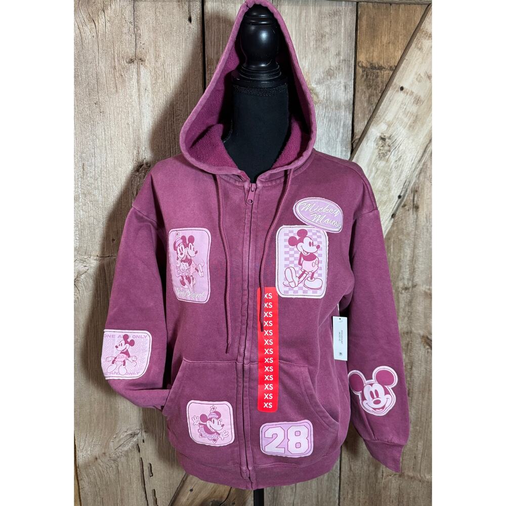 NWT Disney Mickey Friends Multi-Patch Full Zip Hoodie Women's XS Red Distressed